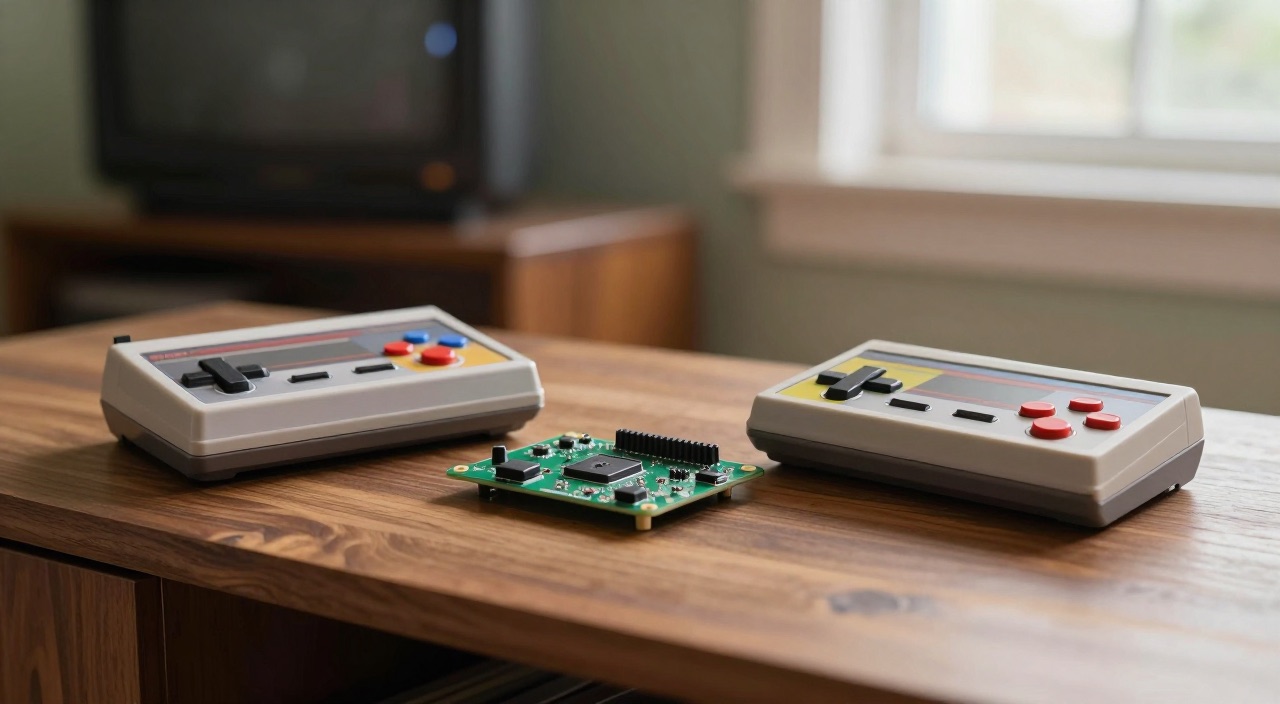 RetroPie vs. Recalbox vs. Batocera – der Vergleich Zwei Retro-Controller und Raspberry Pi Platine auf einem Wohnzimmertisch
