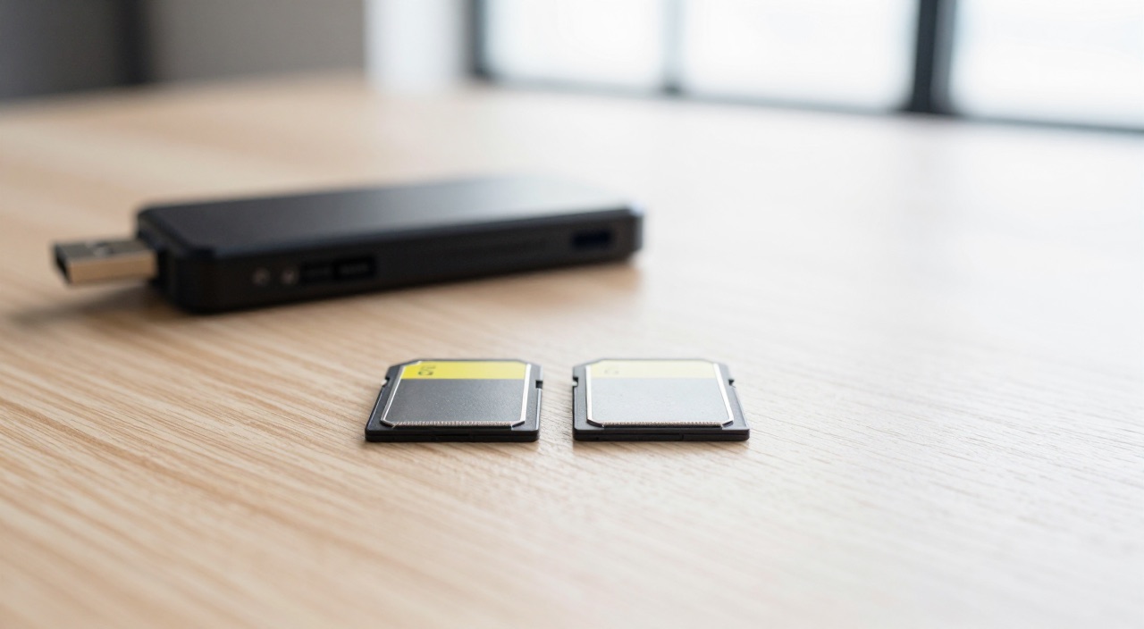 Zwei SD-Karten und ein USB-Kartenleser auf einem hellen Holztisch