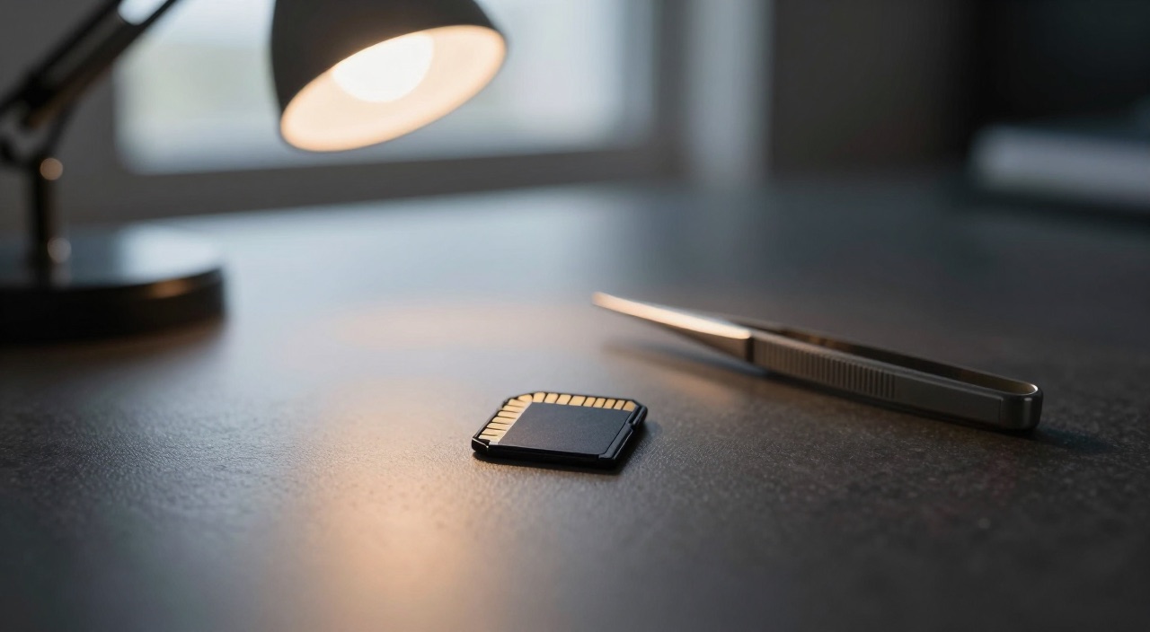 SD-Karte reparieren & Daten retten – der Pi-Notfallplan SD-Karte unter einer Schreibtischlampe mit Pinzette daneben