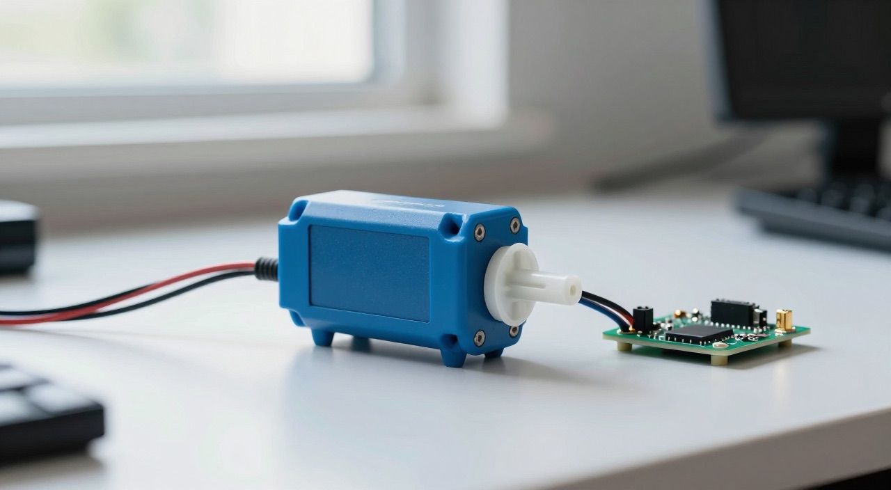 Blauer Servomotor mit Ansteuerungsplatine auf einem Schreibtisch
