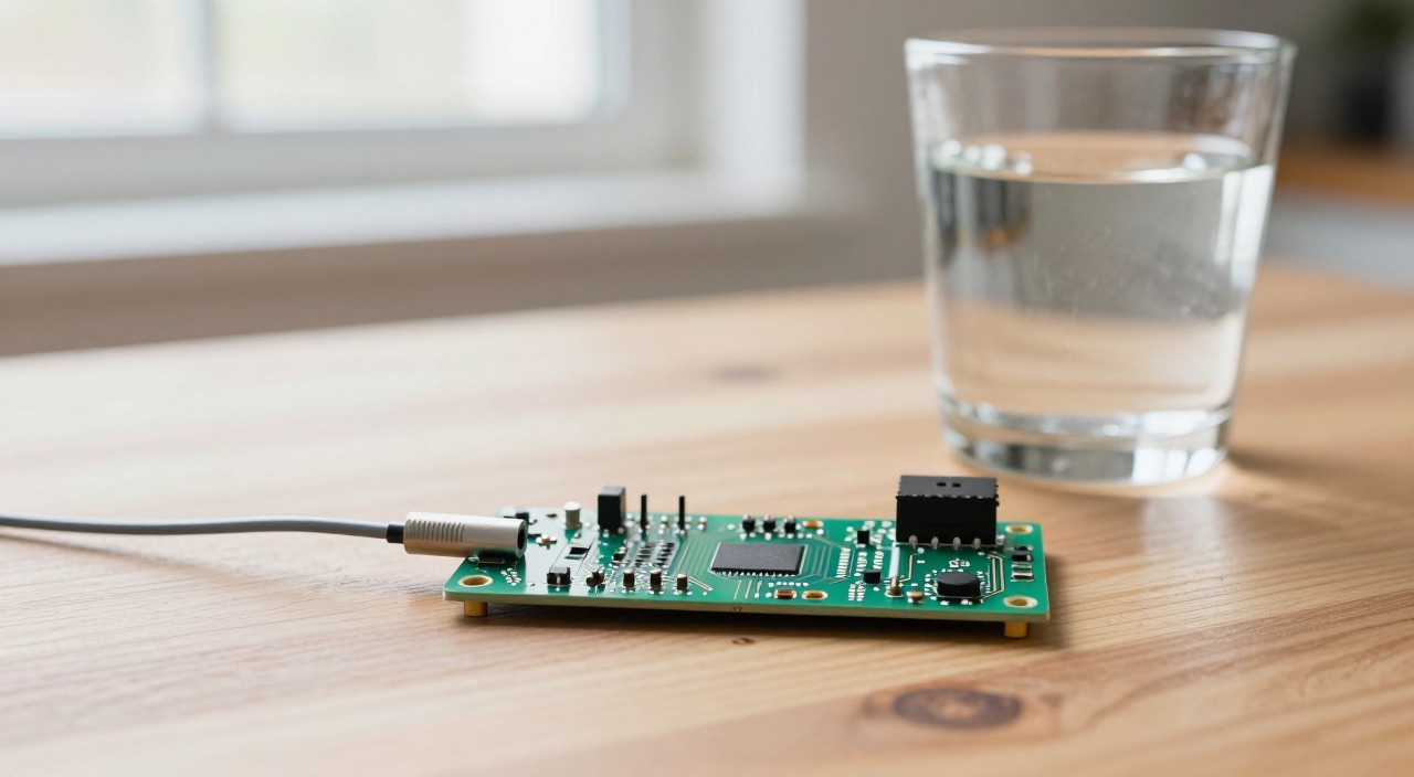 Raspberry Pi Platine mit Temperatursonde neben einem Wasserglas