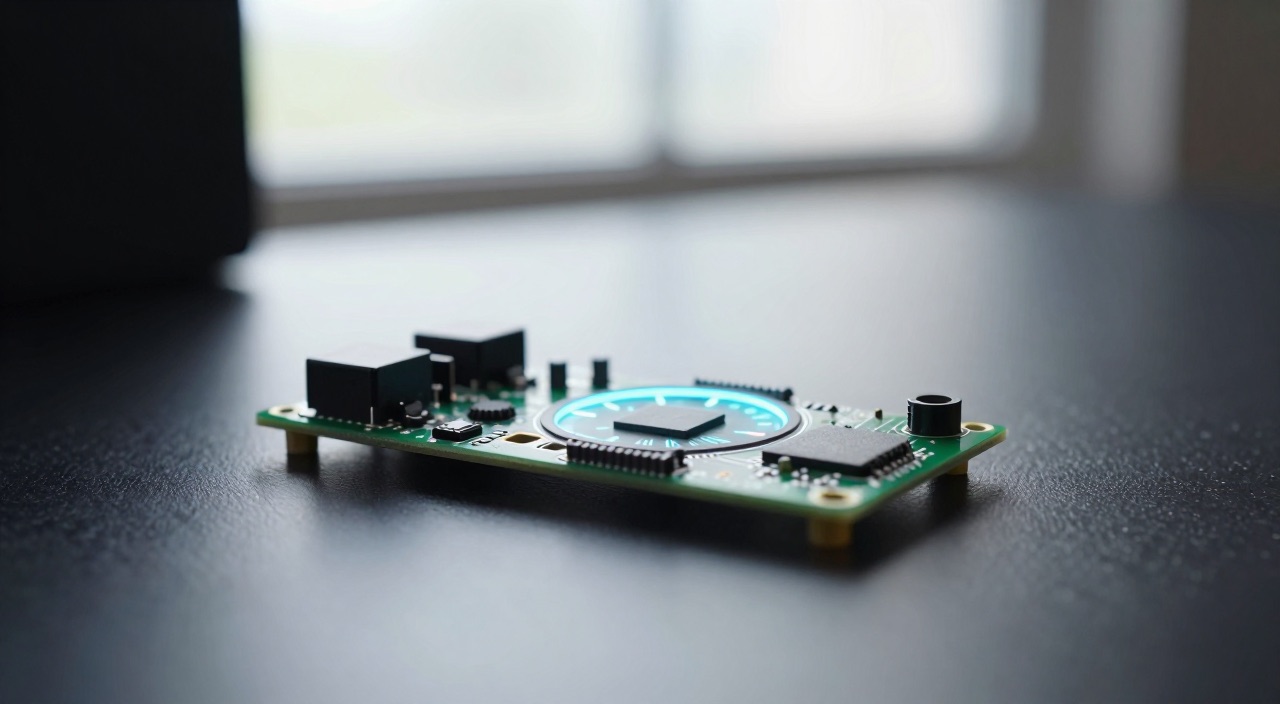 Raspberry Pi Tuning – schneller machen, ehrlich sortiert Raspberry Pi mit leuchtendem Tacho-Ring auf dunklem Schreibtisch