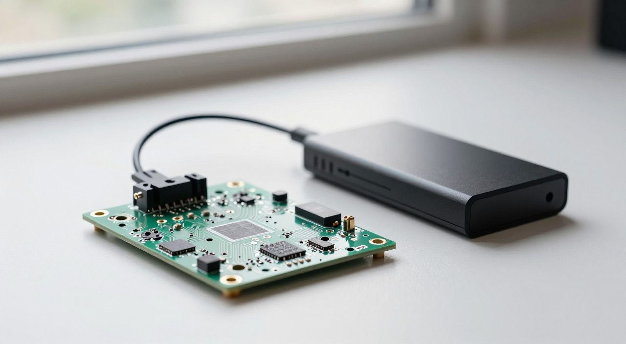 Raspberry Pi USB-Festplatte einrichten – dauerhaft & stromsicher Raspberry Pi Platine mit angeschlossener externer Festplatte auf einem Schreibtisch