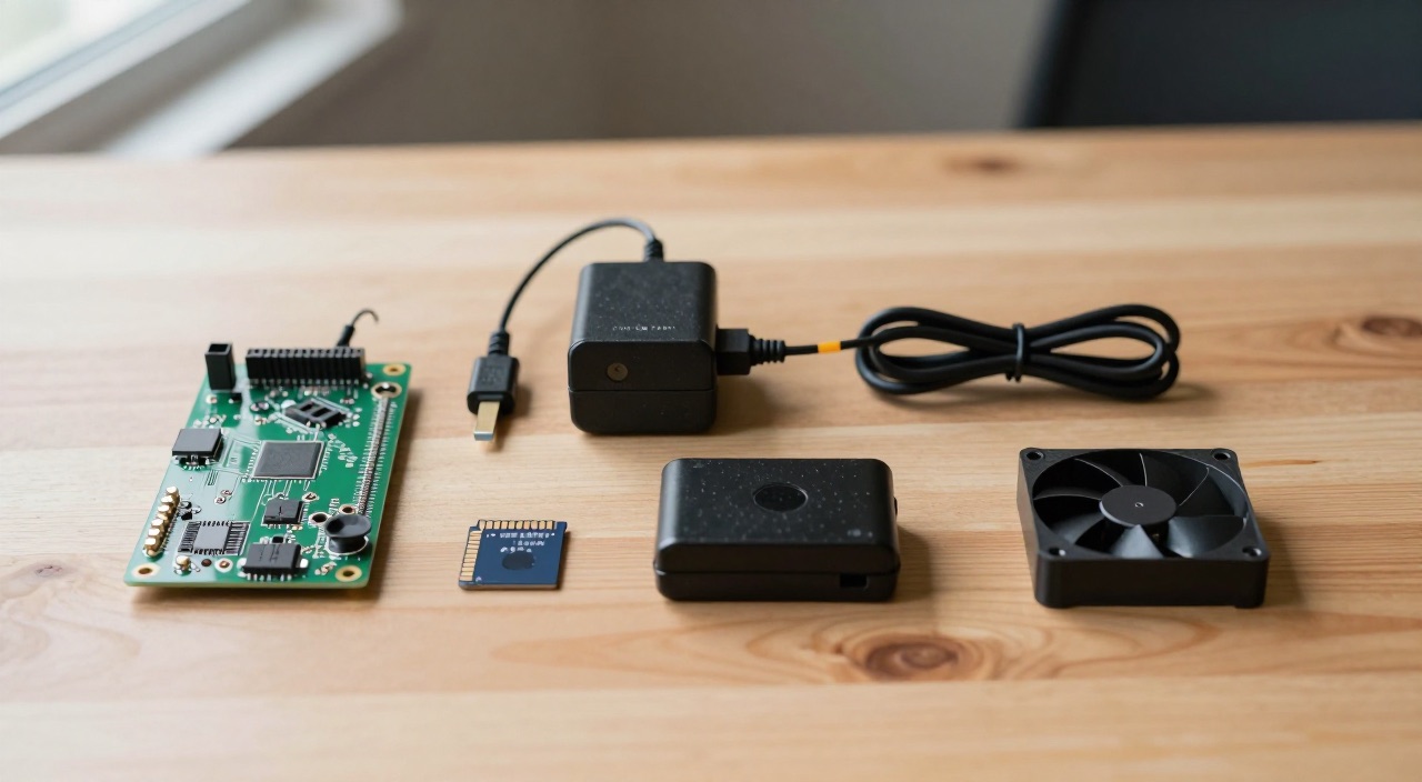 Raspberry Pi Zubehör – was du wirklich brauchst Raspberry Pi mit Netzteil, SD-Karte, Gehäuse und Lüfter als Flatlay auf Holztisch