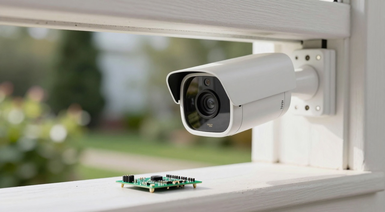 Reolink mit Home Assistant – Kameras ohne Abo-Falle Weiße Überwachungskamera unter einem Dachvorsprung mit Raspberry Pi Platine