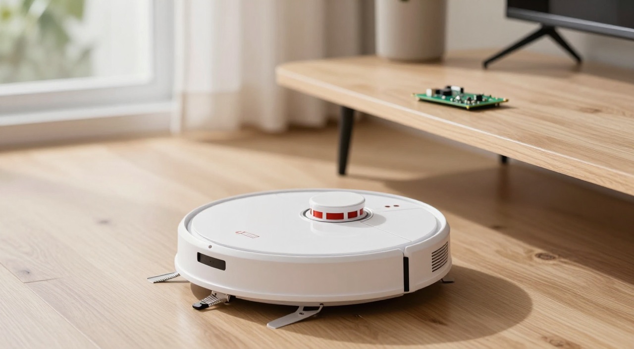 Weißer Saugroboter auf Holzboden mit Raspberry Pi Platine auf dem Lowboard