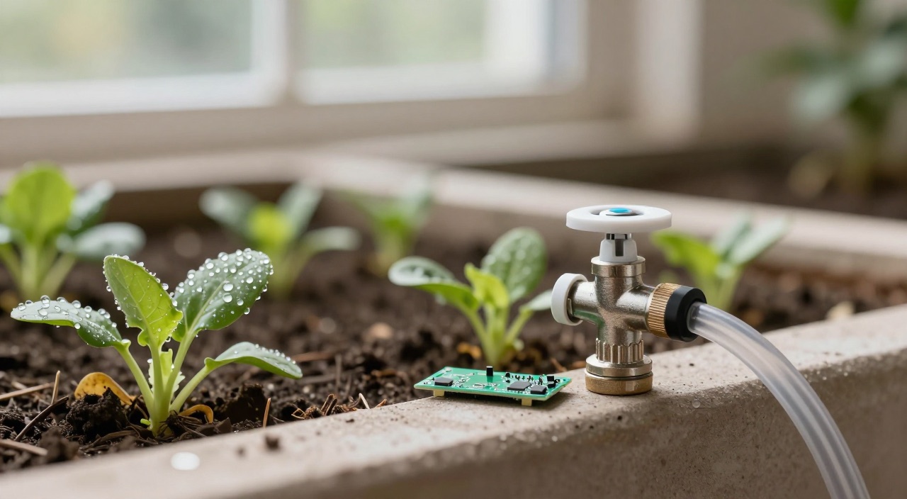 Smarte Gartenbewässerung – gießen nach Bedarf statt Bauchgefühl Bewässerungsventil mit Tropfschlauch im Hochbeet mit jungen Pflanzen
