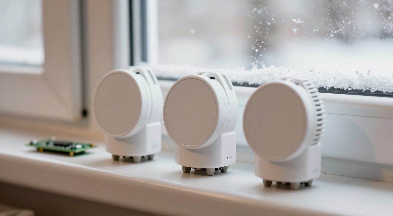 Smarte Heizkörperthermostate – der Vergleich zur Heizsaison Drei weiße Heizkörperthermostate auf der Fensterbank vor Frostfenster