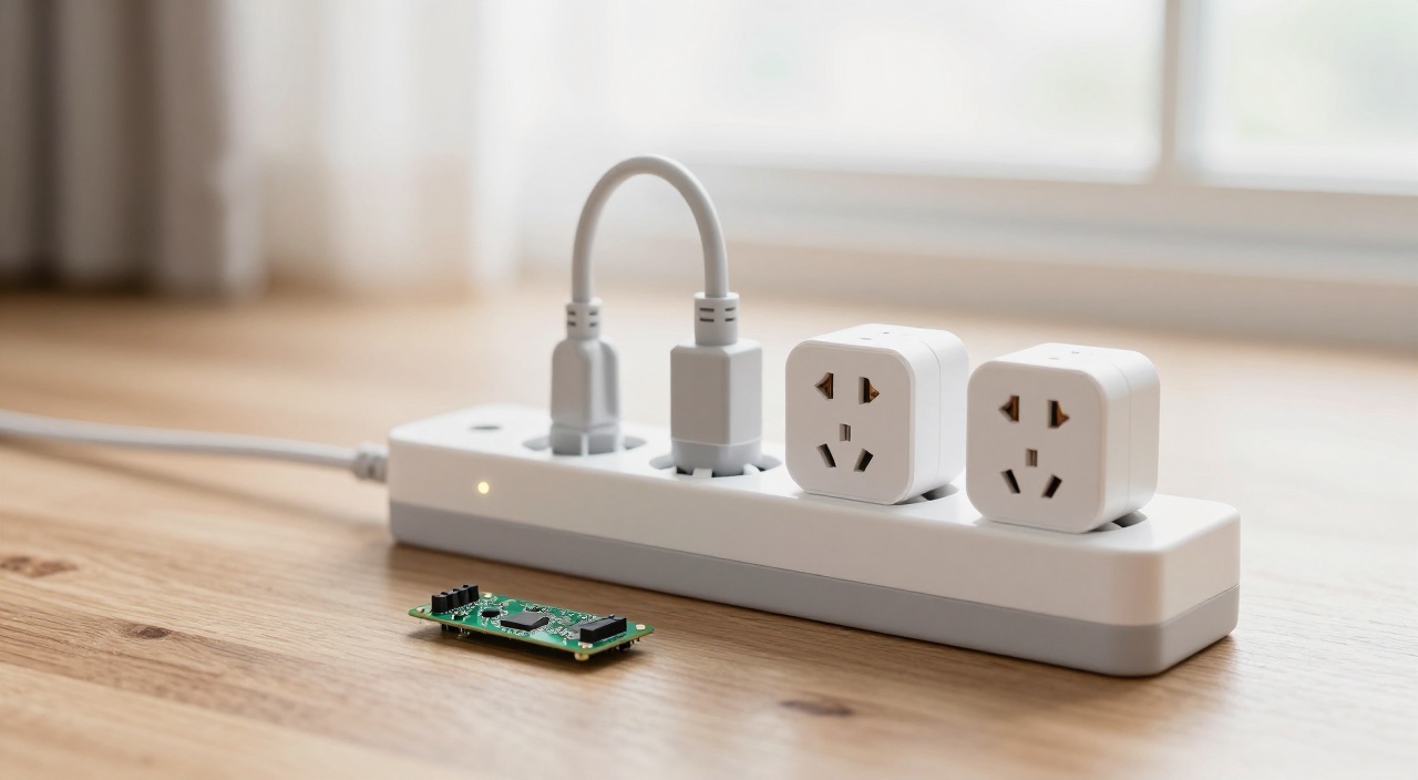 Smarte Steckdosen auf einer Steckerleiste mit Raspberry Pi Platine