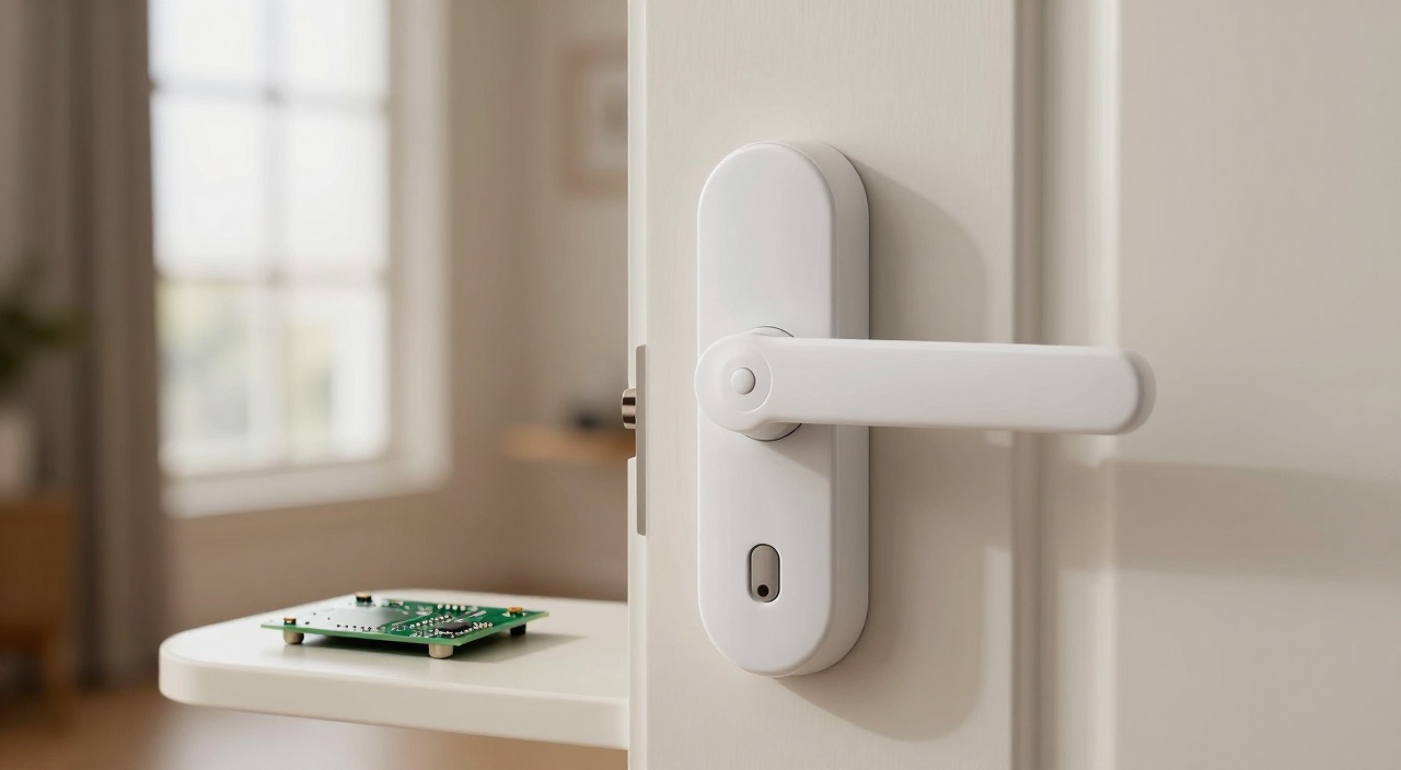Smartes Türschloss – Schlüssel war gestern Weißes Smart Lock an einer Wohnungstür von innen