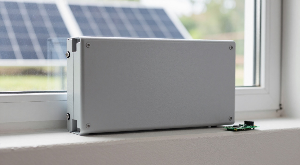 SolarEdge mit Home Assistant – die PV-Anlage wird transparent Grauer Wechselrichter am Fenster mit Solarpanels im Hintergrund