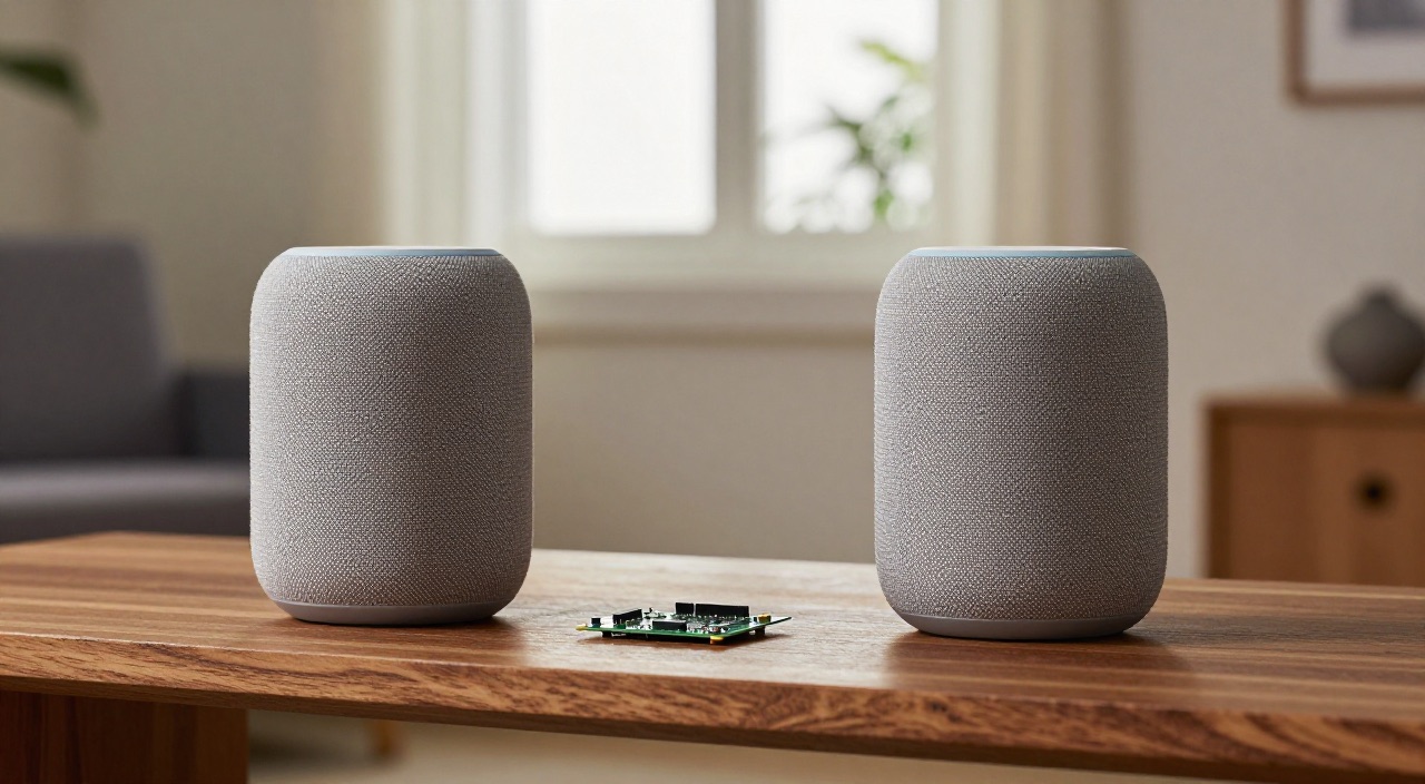 Sonos mit Home Assistant – die Boxen können mehr als die App Zwei Stoff-Lautsprecher mit Raspberry Pi Platine auf einem Holztisch