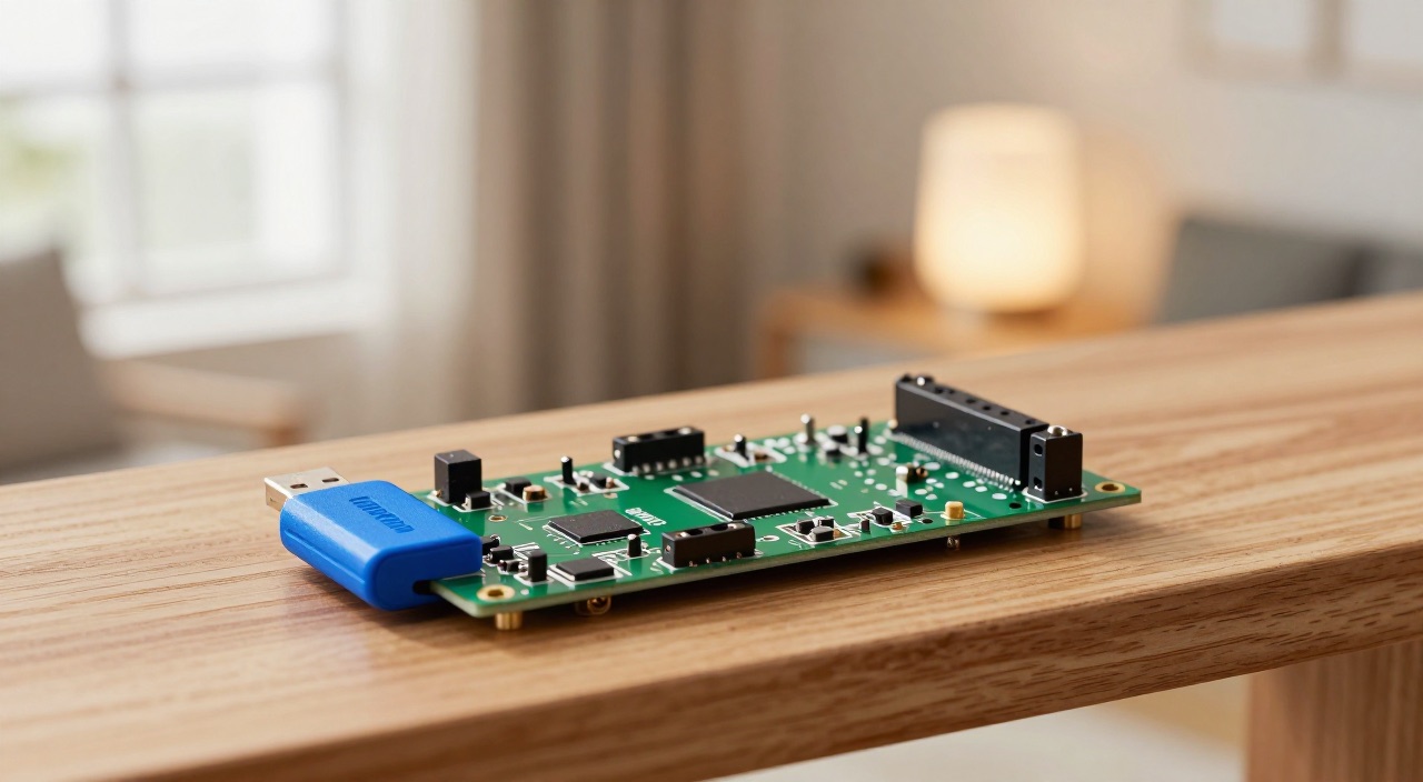 Thread Border Router – mit dem Raspberry Pi ins Matter-Zeitalter Raspberry Pi Platine mit blauem Thread-Funkstick auf einem Regal im Wohnzimmer