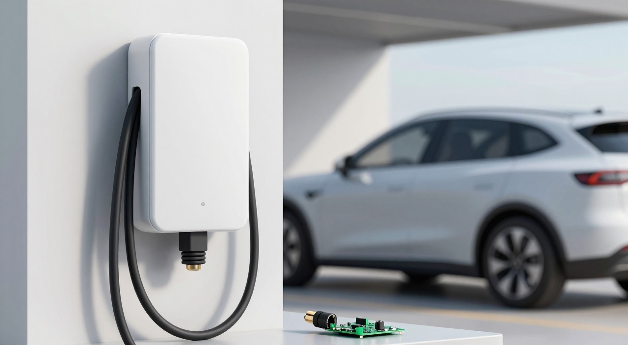 Wallbox 11 kW – worauf es 2026 wirklich ankommt Weiße Wallbox mit Ladekabel an Garagenwand, E-Auto im Hintergrund
