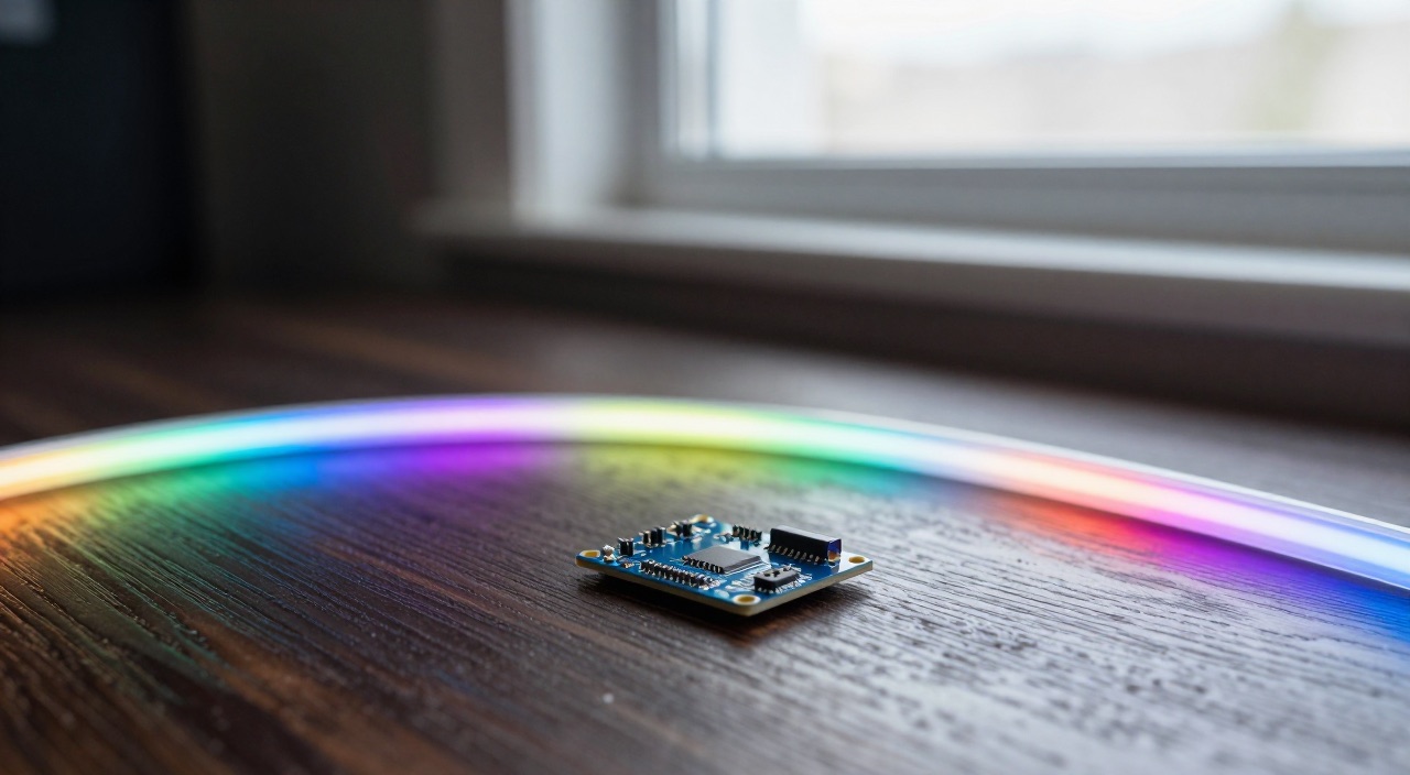 WLED mit ESP32 – LED-Streifen wie ein Profi steuern Leuchtender Regenbogen-LED-Streifen mit ESP32-Board auf dunklem Holztisch