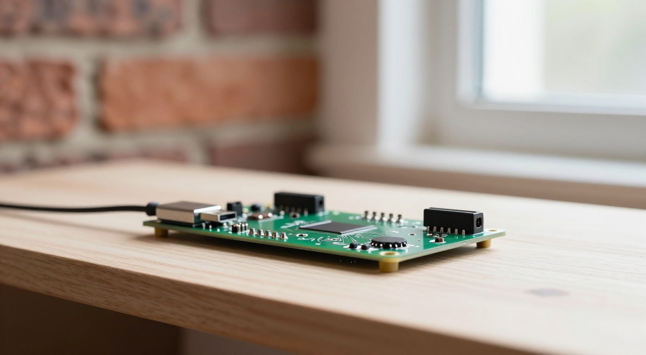 Raspberry Pi Platine mit Funkstick vor einer Backsteinwand