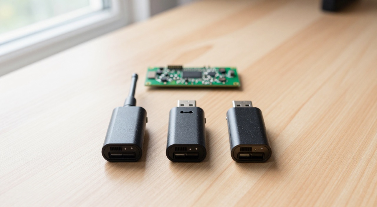 Zigbee-Koordinator – Kaufberatung & Wechsel ohne Neu-Anlernen Drei Zigbee-USB-Sticks im Vergleich neben einer Raspberry Pi Platine
